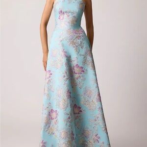 Rickie Freeman for Teri Jon Strapless Floral Dress in Blue and Pink